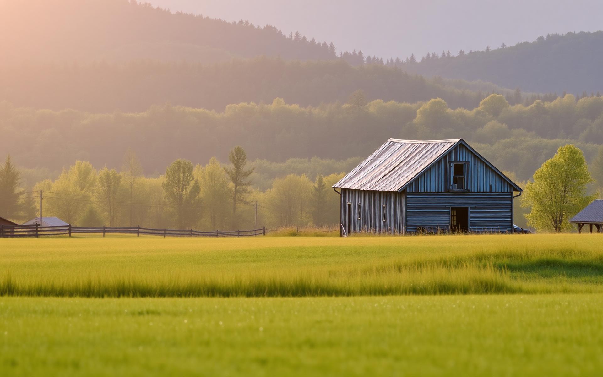 Soft morning light over a peaceful New Hampshire farm